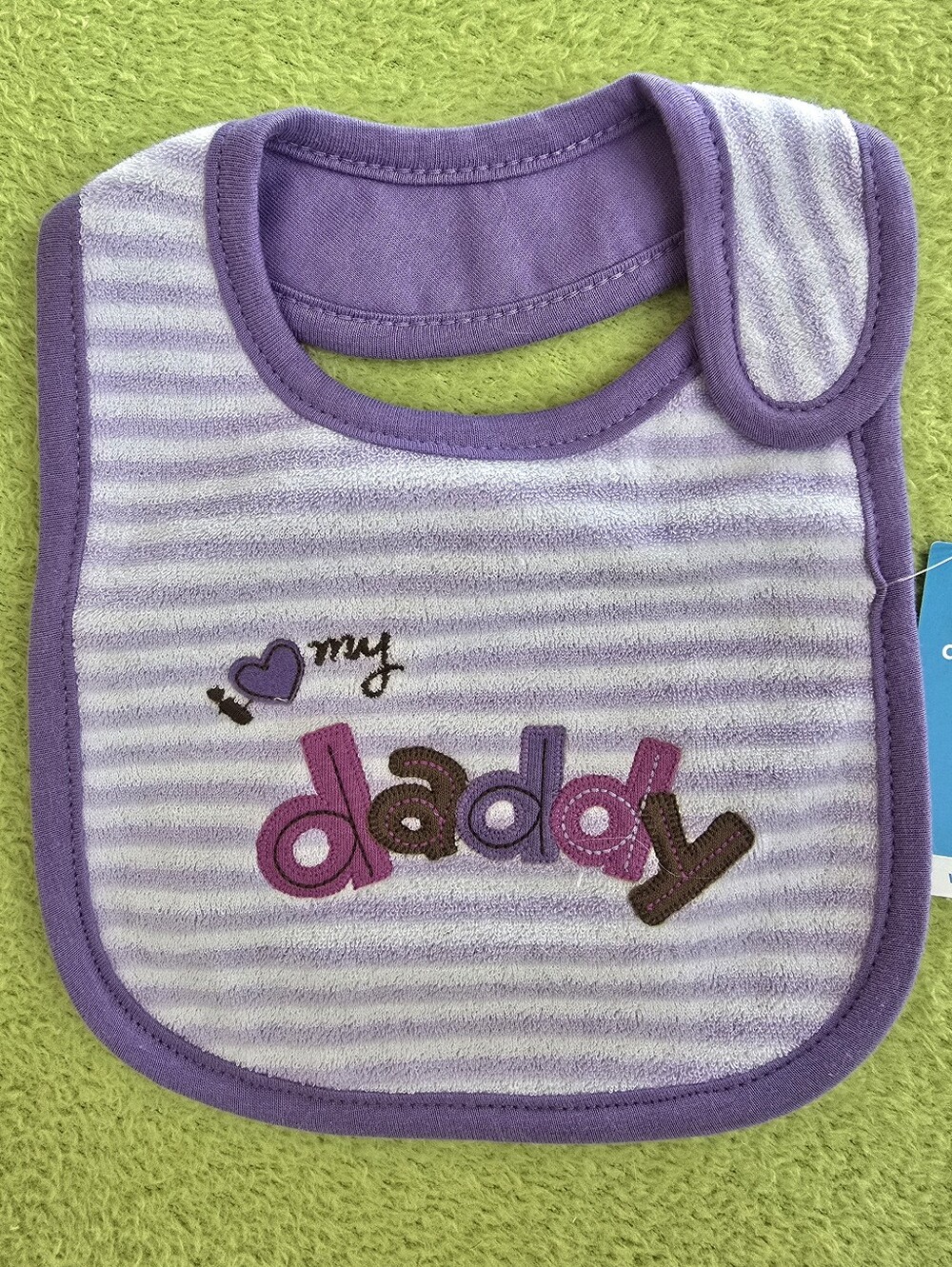 NWT  O-12M  BABY GIRL BIB  Carter's Purple & White Striped I LOVE MY DADDY (Q10)